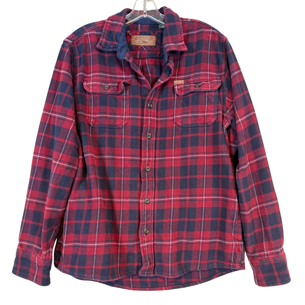 Orvis Mens Red Plaid Flannel Button Side Pockets •M• Gorpcore Cabin Heavyweight